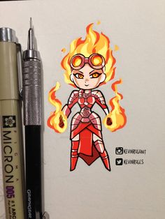 a drawing of a girl with glasses and fire on her face next to a pen