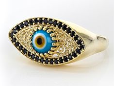 Artisan Collection of Turkey™ Glass & .50ctw 1.3mm Round Black Spinel, 18K Yellow Gold Over Silver Evil Eye Ring. Measures approximately 0.92"L x 0.49"W. Not sizeable. Fine Jewelry Rings With Diamond Eyes For Anniversary, Fine Jewelry Anniversary Rings With Diamond Eyes, Gold Rings With Diamond Eyes For Anniversary, Yellow Gold Rings With Diamond Eyes For Anniversary, Round Cubic Zirconia Ring With Diamond Eyes, Evil Eye Ring Silver, Spinel Gemstone, Evil Eye Ring, Frame Of Mind