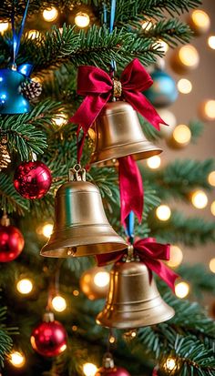 three bells hanging from the top of a christmas tree