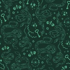 a green and white snake pattern on a black background with stars, snowflakes, and other items