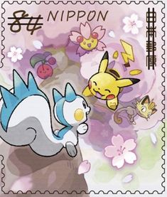 a stamp with pokemon characters on it and flowers in the background, including an image of pikachu