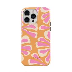 an orange and pink phone case with flowers on it