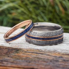 Blue Goldstone Wedding Band Set Wedding Band Rings Couple, 2023 Rings, Unique Wedding Bands Matching, Custom Matches Wedding, His And Hers Wedding Bands, Meteorite Wedding Rings, Blue Wedding Band, Medieval Wedding, Matching Wedding Rings