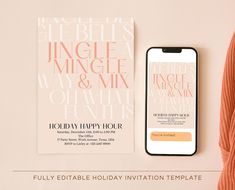 an iphone next to a business card on a pink background with the words holiday happy hour