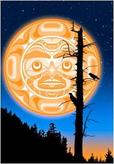 an illustration of a sun face in front of a full moon with trees and stars