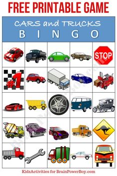 printable cars and trucks bingo game for kids