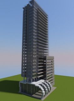 a very tall building sitting on top of a green field