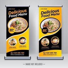 two roll up banners with the words delicious food menu written below it and an image of a plate of noodles