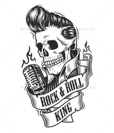 a skull holding a microphone with the words rock and roll king on it's side