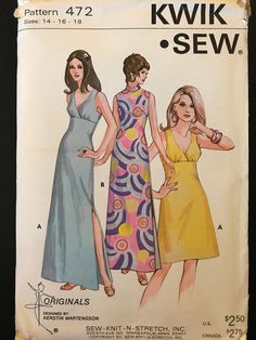 two women's dresses and one woman's dress are shown in this sewing pattern