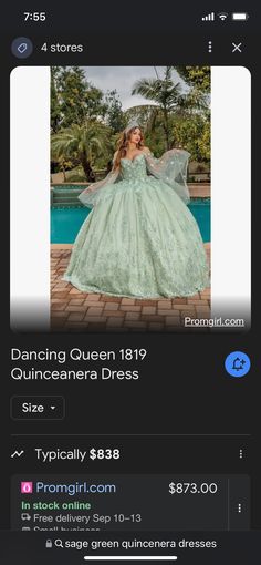 a woman in a green dress standing next to a pool with the caption'dancing queen 119 quinceauera dress '