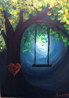 a painting of a tree with a swing hanging from it's trunk in front of a heart shaped window