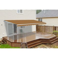 a deck with a black awning over it