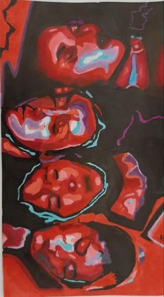 an abstract painting with red and black colors