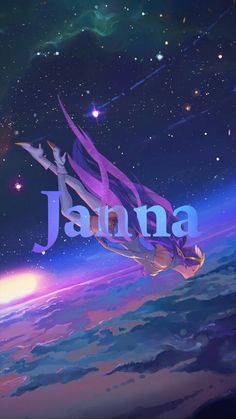 an anime poster with the word jadona on it's back and stars in the background