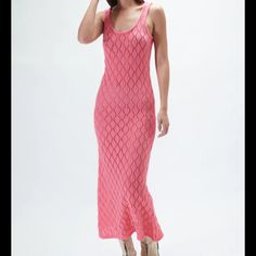 Rue Stiic Helen Maxi Knit Dress Chic Textured Knit Summer Dresses, Elegant Pointelle Knit Crochet Dress For Vacation, Elegant Pink Knit Dress, Open Knit Sweater Dress For Summer, Spring Long Knitted Dresses, Fitted Open Knit Sweater Dress For Spring, Long Knitted Dresses For Spring, Elegant Long Open Knit Dress, Long Knitted Spring Dress