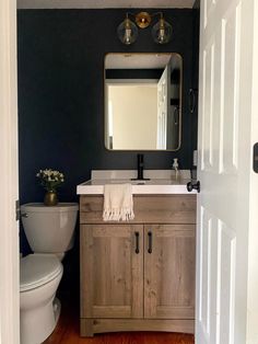 a white toilet sitting next to a bathroom sink under a mirror on top of a wooden cabinet