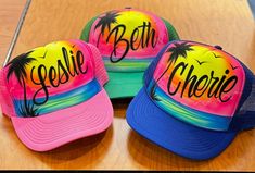 Our personalized trucker caps make a great gift for a party or special occasion. We can airbrush your hat with your name or up to a few words. They look great and stand out for just about anything. Personalized Summer Trucker Hat, Personalized Fun Summer Trucker Hat, Customizable Fun Summer Trucker Hat, Cactus Painting, Beach Scene, Louisville Ky, Beach Scenes, Amelie, Hobby Lobby