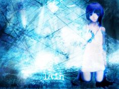 a girl with blue hair standing in front of an abstract background