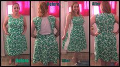 three different pictures of a woman wearing a green and white dress with flowers on it