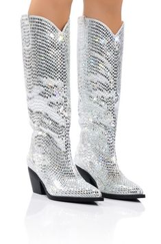 AZALEA WANG DRIVEN RHINESTONE WESTERN BOOT IN SILVER Slouch Boots, Azalea Wang, Slouched Boots, One Half, Western Boot, Chunky Heel, Western Boots, Chunky Heels, Knee High Boots