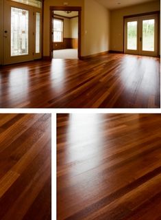 three different views of an empty room with wood floors