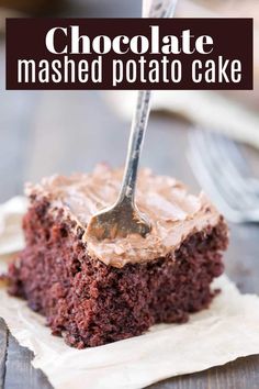 chocolate mashed potato cake on a piece of parchment paper with a spoon in it