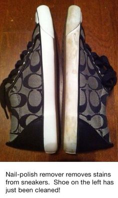 a pair of black and white high top sneakers on a wooden floor with the words nail polish remover removes stains from sneakers shoe on the left side