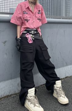 Pink And Black Male Outfit, Y2k Fashion Street Styles Male, Grunge Outfits Men Drawing, Pink Outfits Aesthetic Masc, Colorful Y2k Outfits Men, Pink Punk Outfits Men, Pink Outfits Masc, Cool Oc Outfits, Astronaut Outfit Aesthetic