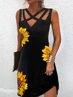 Women Sleeveless Off-shoulder Dress Sunflower Print, Maxi Dresses Casual, Green Fashion, Floral Print Dress, Pink Fashion, Women's Fashion Dresses, Crossfit, Off Shoulder Dress, Plus Size Outfits