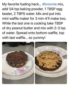 two plates with food on them, one is brownie and the other has peanut butter