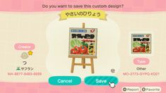 an animal crossing game screen with the caption do you want to save this custom design?