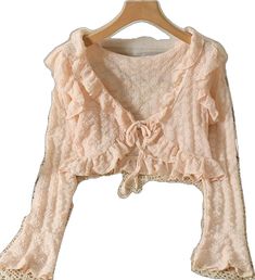 Cottagecore Summer Cropped Cardigan Bolero Long Sleeve Apricot Top For Summer, Apricot Long Sleeve Top For Summer, Cute Long Sleeve Summer Cardigan, Feminine Long Sleeve Summer Cardigan, Fitted Summer Cardigan For Brunch, Pink Casual Cardigan With Ruffles, Pink Ruffled Cardigan For Spring, Casual Pink Ruffled Cardigan, Casual Pink Cardigan With Ruffles