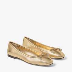 ELME FLAT | Gold Metallic Nappa Leather Flats with Pearl Embellishment | Summer Collection | JIMMY CHOO Gold Luxury Flats, Jimmy Choo Flats, Leather Bows, Ballerina Flats, Leather Flats, Nappa Leather, Personal Stylist, Summer Collection, New Day