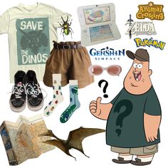 a cartoon character is surrounded by items from the game, including shoes, socks and t - shirts