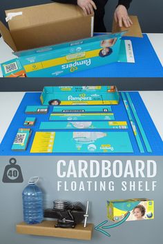 cardboard floating shelf with instructions and pictures on the top, below it is an image of a woman holding a water bottle