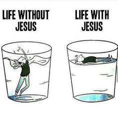 two cups with water and one has a cartoon character in it, the other says life without jesus