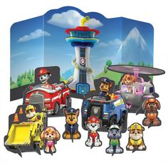 the paw patrol playset is packed with all kinds of toy vehicles and figures, including a firetruck