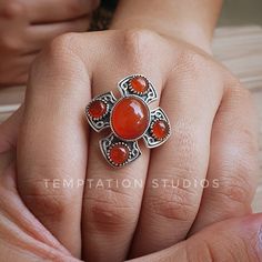 Natural Carnelian Ring, Bold Sterling Silver Ring, Statement Ring, Alternate Engagement Ring, Chic Jewelry Your ring is made with pure sterling silver > Gemstone Type - Carnelian > Gemstone Cut - Round and oval cabochons ✓ High quality materials ✓ Ethically sourced gemstones ✓ Nickel free ✓ Hassle free returns and refunds (T&C apply) ✓ Cancellations within 24 hours of purchase. ✓ Customer service available 365 days. Answers within a few hours.  >> More than 30 varieties of gemstones available in Luxury Carnelian Oval Cabochon Rings, Carnelian Ring, Engagement Ring Vintage, Alternative Engagement Rings, Chic Jewelry, Multi Stone Ring, Ring Engagement, Multi Stone, Ring Vintage