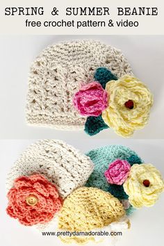 two crocheted hats with flowers on them and the text spring and summer beanie free crochet pattern & video