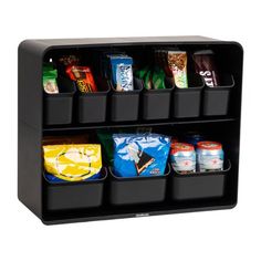 a black storage unit filled with drinks and snacks