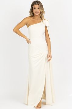 IVORY ONE SHOULDER + SASH SATIN MAXI DRESS *BACK IN STOCK* – L'ABEYE Dresses Materials, Dress Back, Ivory Dresses, Satin Maxi, Satin Maxi Dress, White Bridal, Effortless Chic, Back In Stock, Bridal Outfits