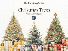 watercolor christmas trees with presents on them and the words, christmas trees written in gold