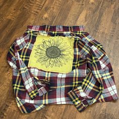 Flannel Shirt With A Graphic Sewn To The Back. Can Be Worn As An Over Shirt Or As A Jacket. Handmade Tops, Sunflower Graphic, Over Shirt, A Jacket, Handmade Gold, Flannel Shirt, Red Gold, Sunflower, Button Down Shirt