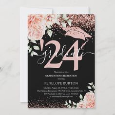 the graduation party card features pink flowers and an umbrella on black with gold glitter confetti