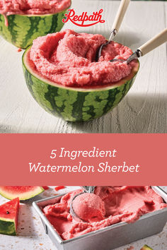 watermelon sherbet is in a bowl with two scoops on top