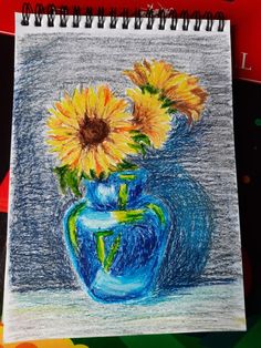 a drawing of two sunflowers in a blue vase