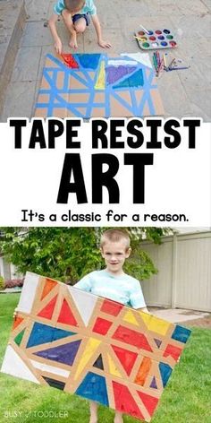 two photos with the words tape rest art and an image of a child holding a piece of paper