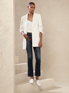 The Crop-Boot Jean | Banana Republic Professional Flare Denim Jeans For Work, Chic Denim Flare Jeans With Straight Hem, Elegant Flare Denim Jeans For Workwear, Chic Flare Jeans With Straight Hem, Elegant Flare Jeans For Workwear, Elegant Flare Jeans For Work, Casual Flare Cropped Jeans For Work, Chic Cropped Jeans With Straight Hem For Fall, Elegant Flare Jeans With Five Pockets For Spring