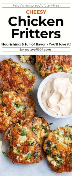 chicken fritters on a plate next to a bowl of cream